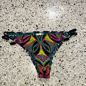 Trina Turk bikini bottom tassel US 8 black ikat print pink green